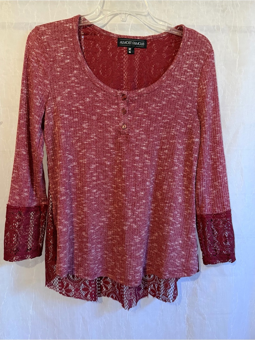 Almost Famous M Marled Burgundy Lace-Hem Long Sleeve Scoop Top